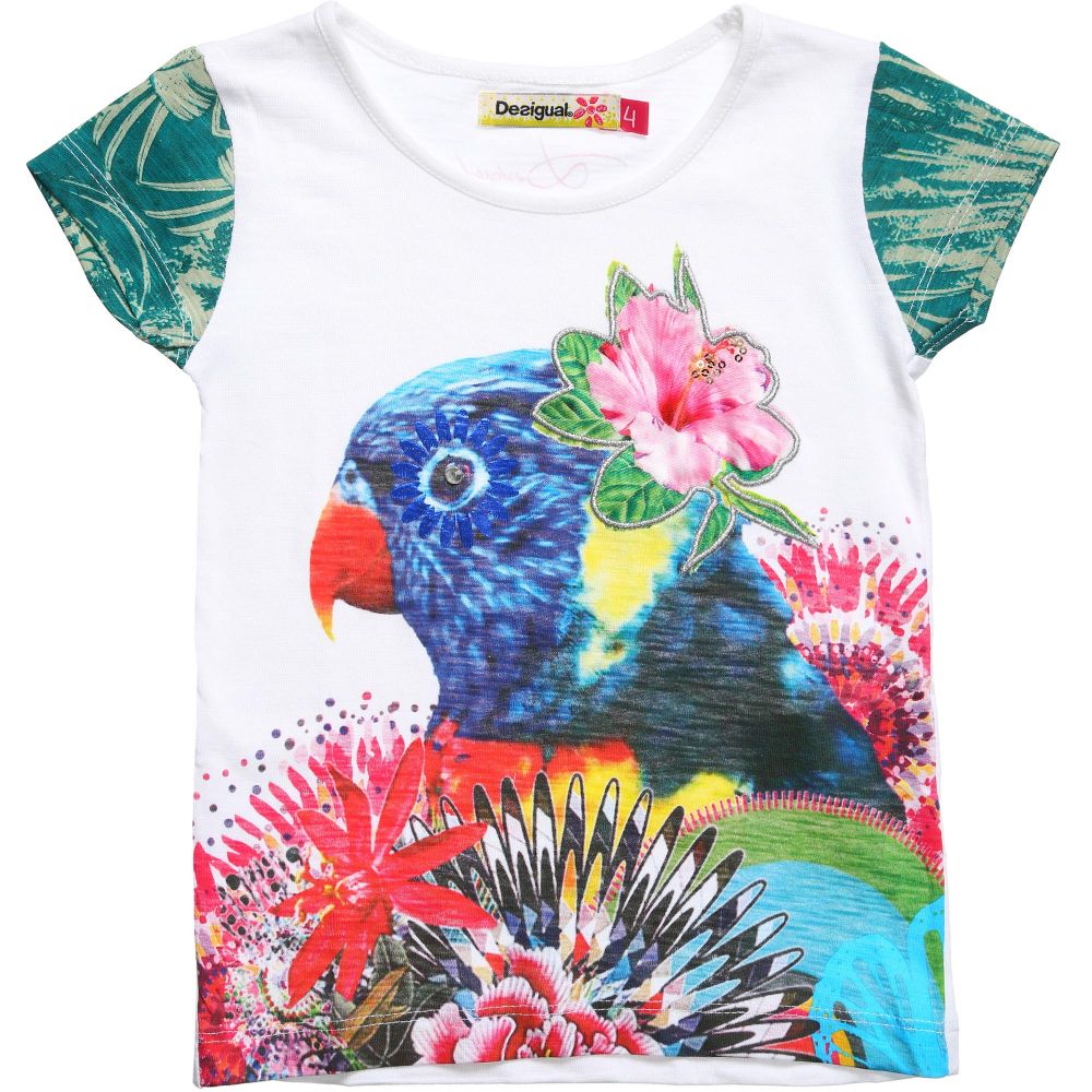 Desigual - Girls White Tropical Floral Parrot T-Shirt  | Childrensalon