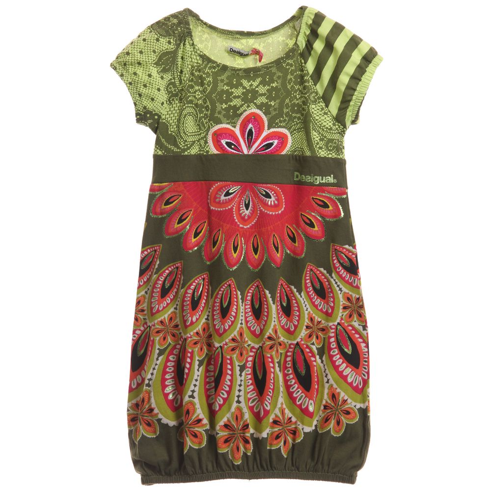 Desigual - Green Cotton Jersey Dress with Floral Print | Childrensalon