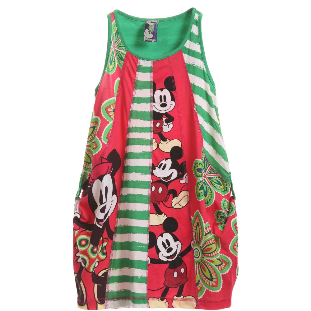 Desigual - فستان جيرزي مخطط بطبعة أزهار و ميكي ماوس بلون أخضر | Childrensalon