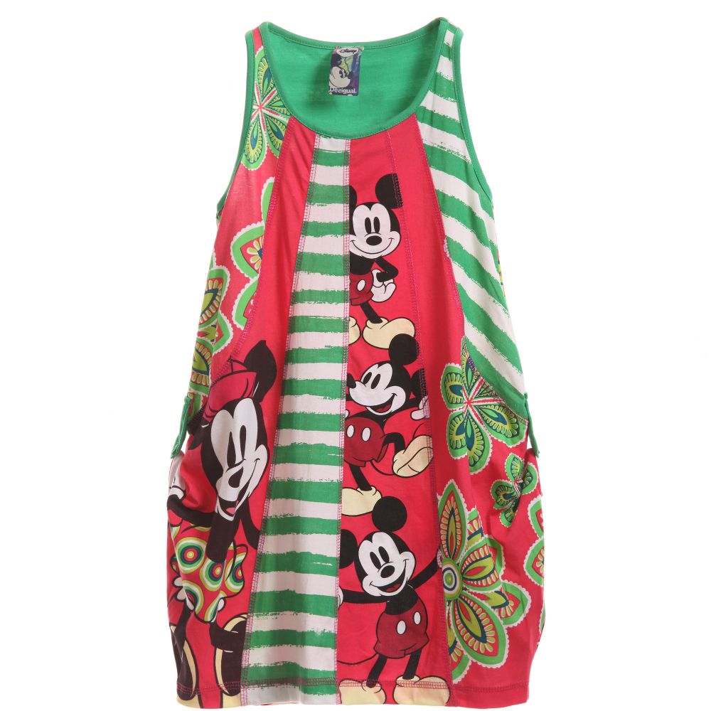 Desigual-Jersey Green Striped & Floral Mickey Mouse Dress | Childrensalon Outlet