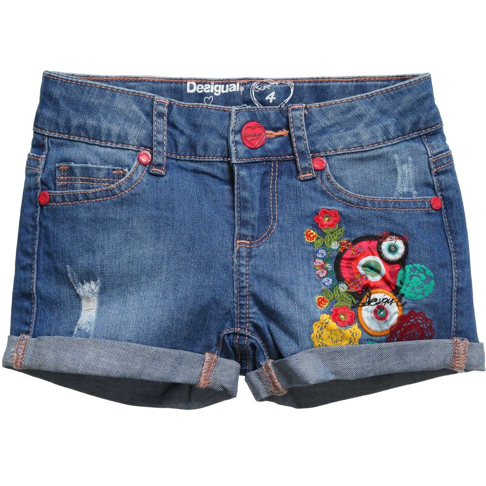 Desigual-Light Blue Denim Shorts with Floral Embroidery | Childrensalon Outlet