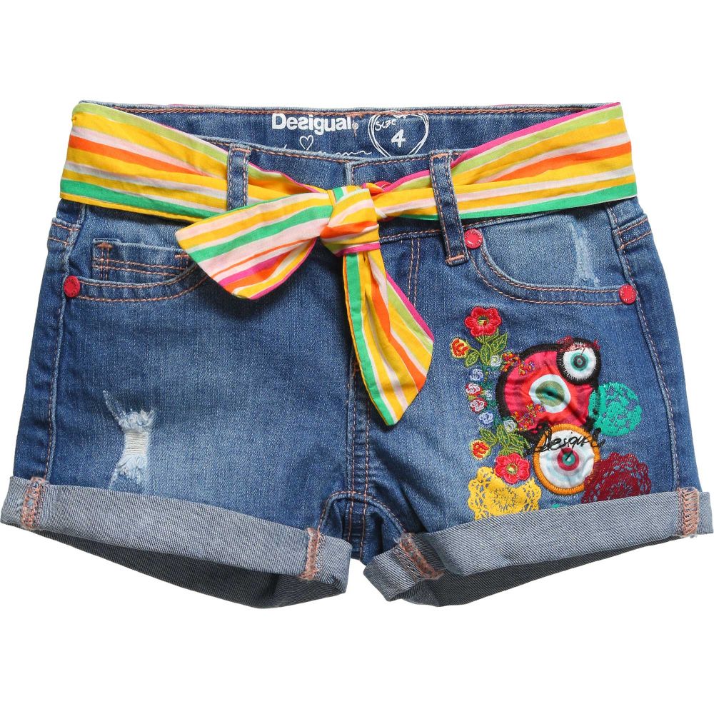 Desigual - Light Blue Denim Shorts with Floral Embroidery | Childrensalon