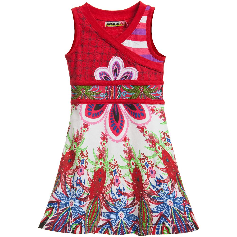 Desigual - Red Cotton Jersey Floral Print Dress  | Childrensalon