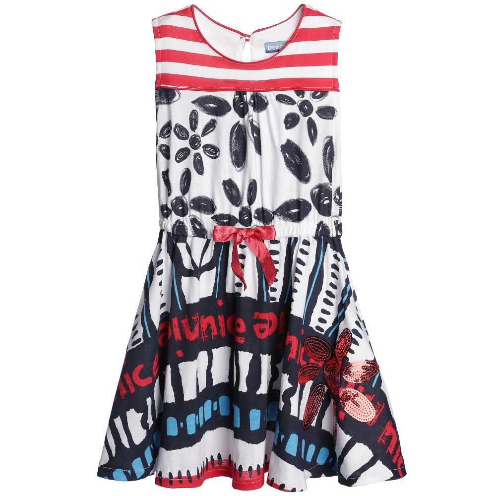 Desigual - White, Navy Blue & Red Cotton Jersey Dress  | Childrensalon