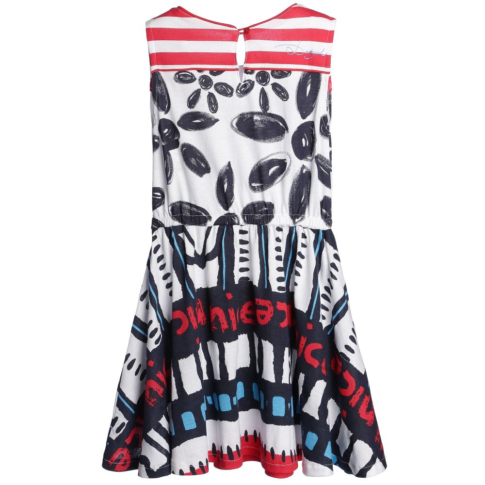 Desigual-White, Navy Blue & Red Cotton Jersey Dress  | Childrensalon Outlet