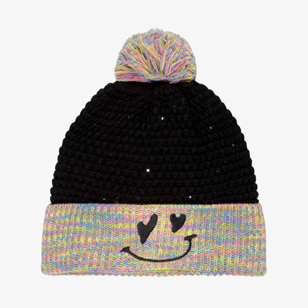 Deux par Deux-Black Smiley Knit Hat With Pompom (lined) | Childrensalon Outlet