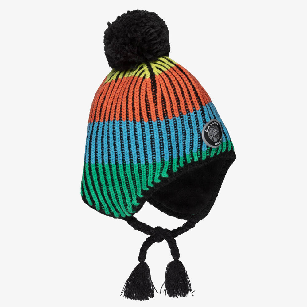 Deux par Deux-Boys Black Knitted Pom-Pom Hat with Colourful Stripes | Childrensalon Outlet