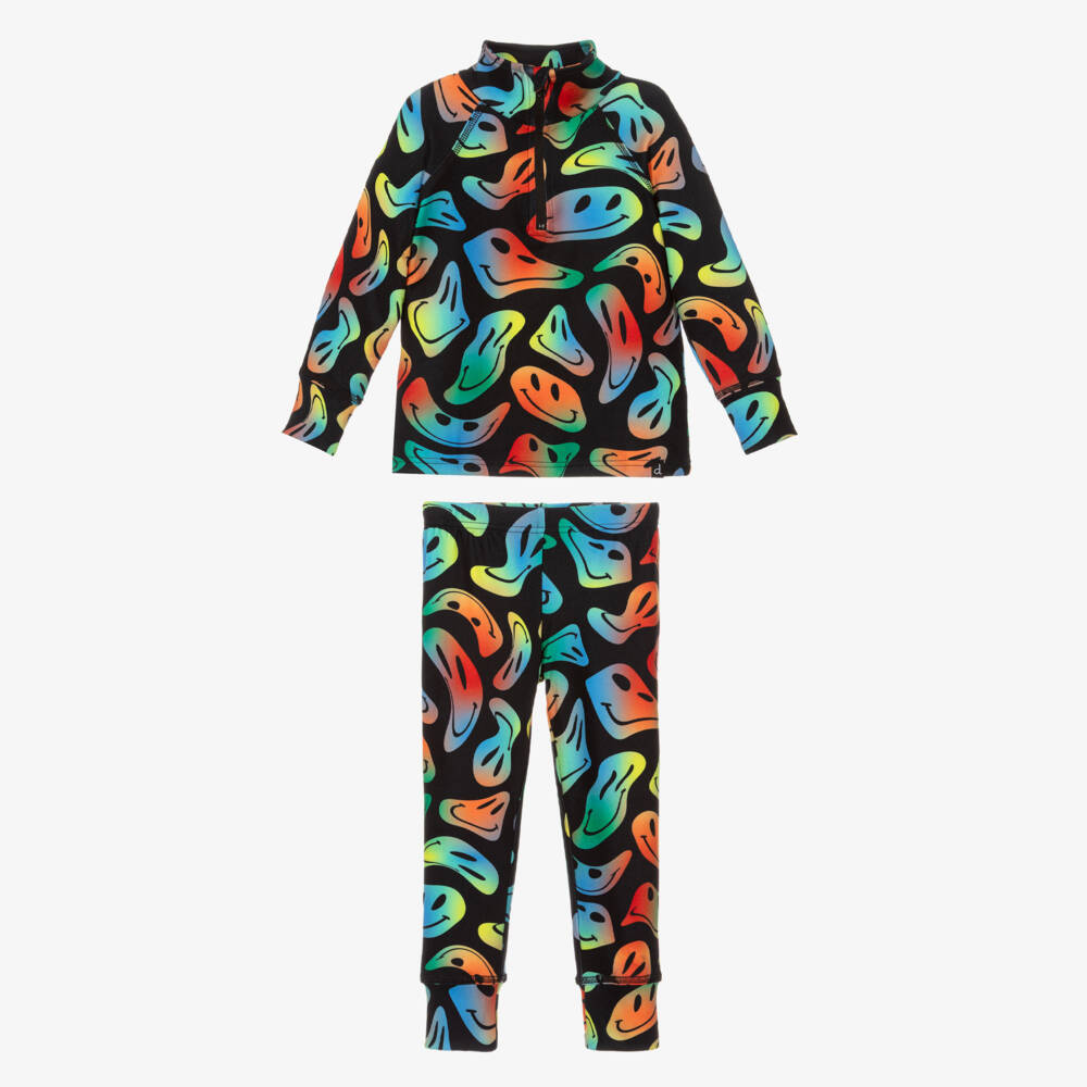 Deux par Deux-Boys Black Smiling Face Print Thermal Base Layer Set | Childrensalon Outlet