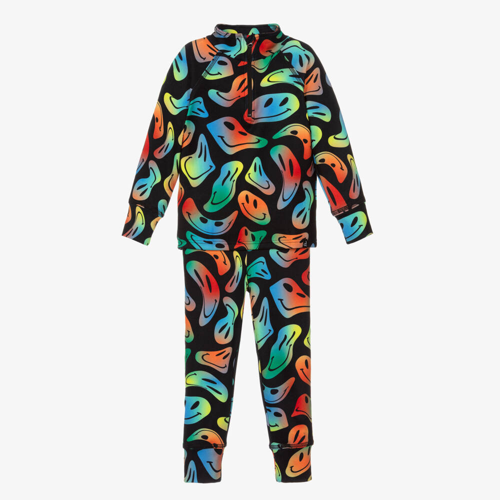 Deux par Deux-Boys Black Smiling Face Print Thermal Base Layer Set | Childrensalon Outlet