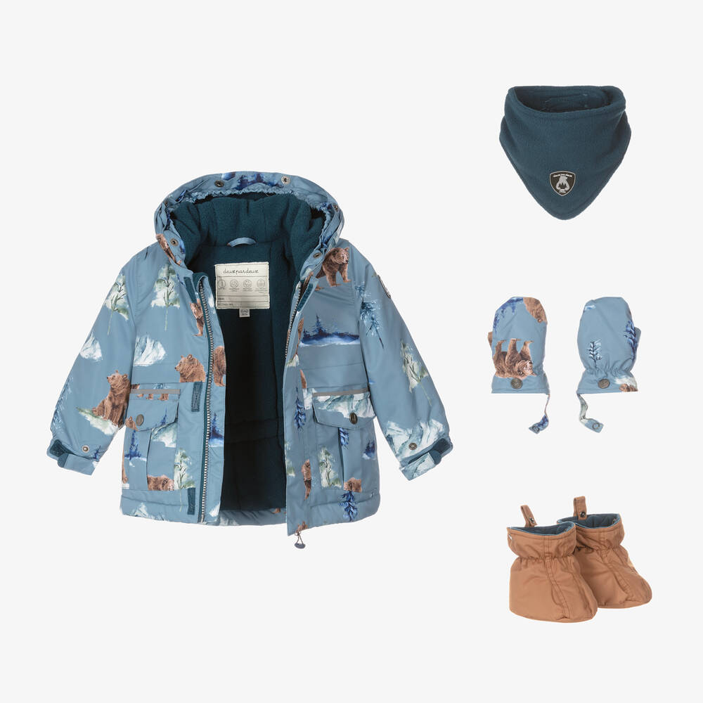Deux par Deux-Голубая куртка с медведями и коричневый зимний комбинезон | Childrensalon Outlet