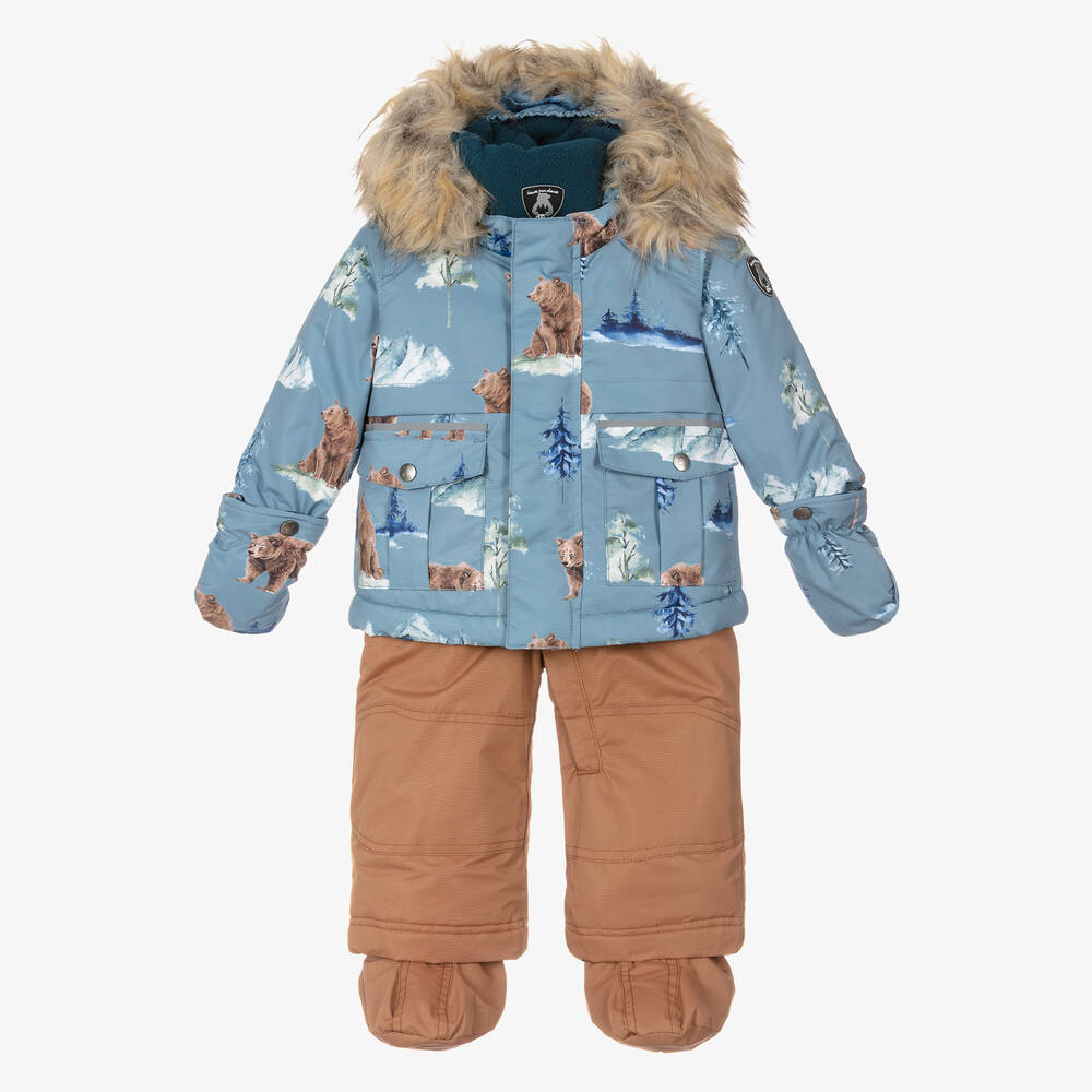 Deux par Deux - Голубая куртка с медведями и коричневый зимний комбинезон | Childrensalon
