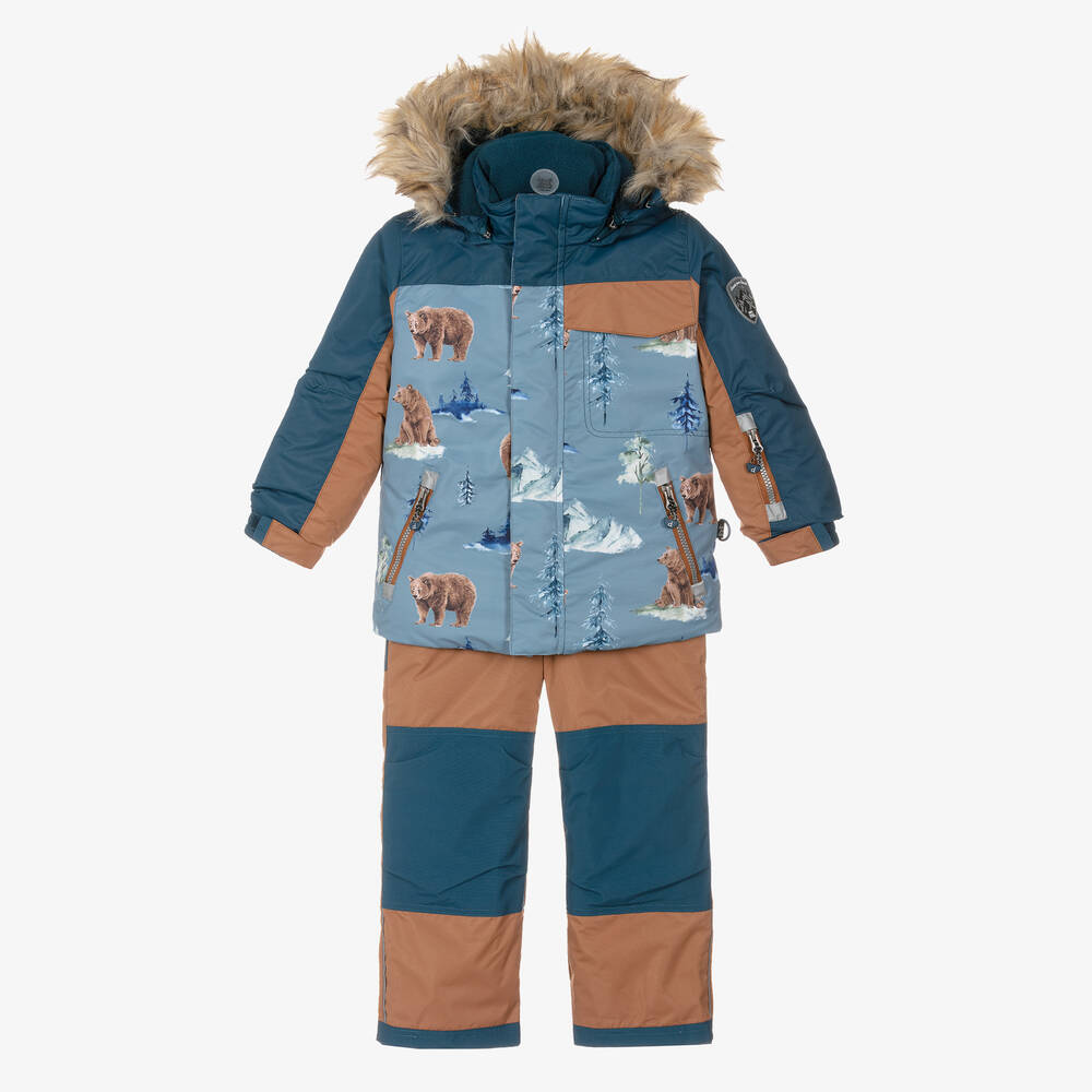 Deux par Deux - Boys Blue & Brown Bear Snowsuit Set | Childrensalon