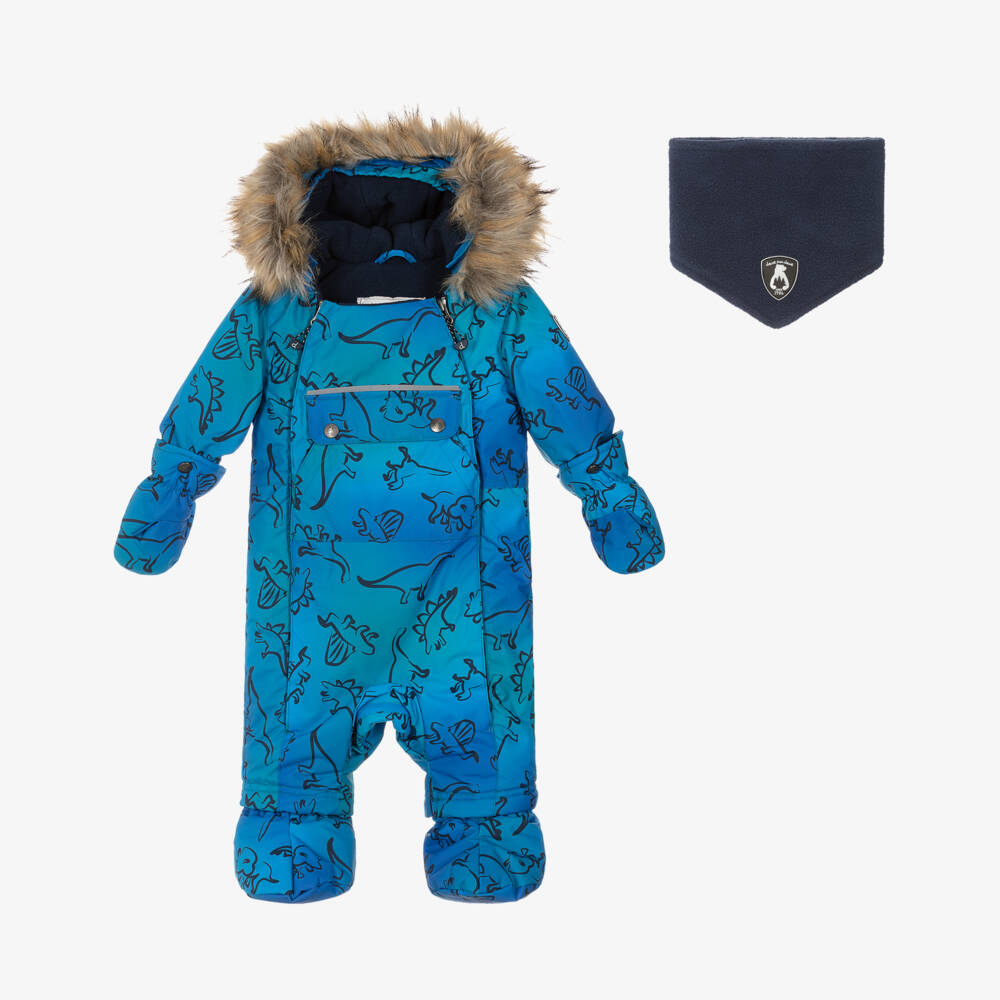 Deux par Deux-Boys Blue Dinosaur Print Snowsuit with Neck Warmer | Childrensalon Outlet