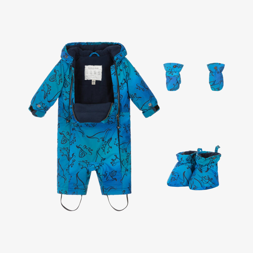 Deux par Deux-Boys Blue Dinosaur Print Snowsuit with Neck Warmer | Childrensalon Outlet