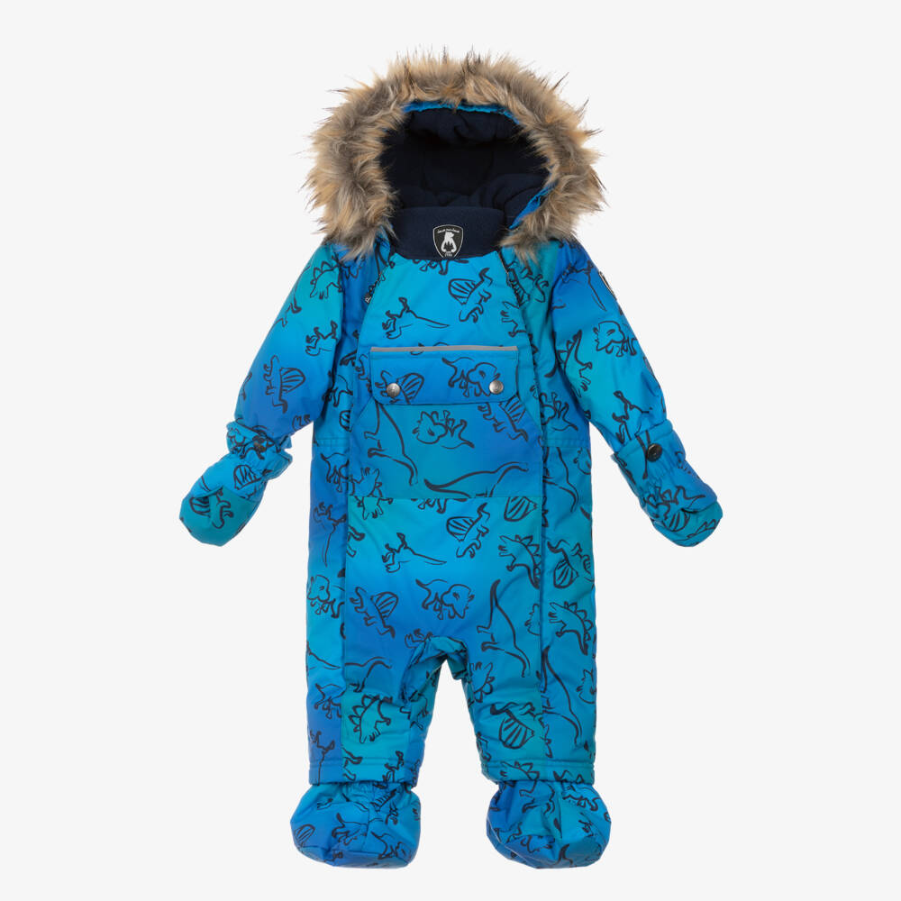 Deux par Deux-Boys Blue Dinosaur Print Snowsuit with Neck Warmer | Childrensalon Outlet
