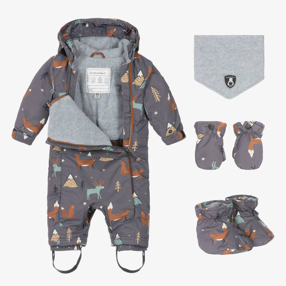 Deux par Deux Boys Grey Orange Fox Snowsuit Set