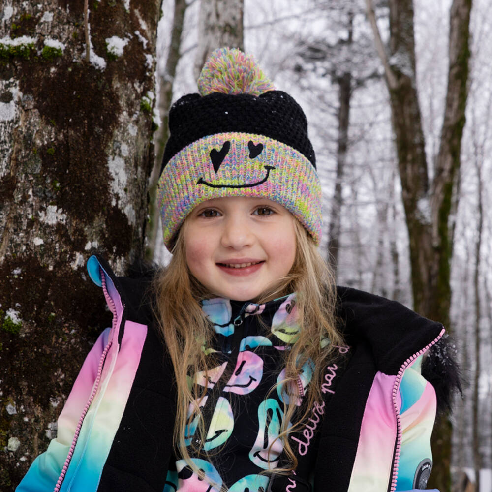 Deux par Deux-Girls Black Beanie Hat with Rainbow Pom-Pom | Childrensalon Outlet