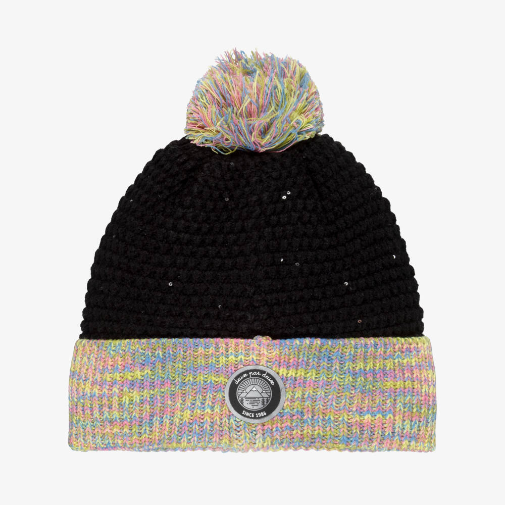 Deux par Deux-Girls Black Beanie Hat with Rainbow Pom-Pom | Childrensalon Outlet