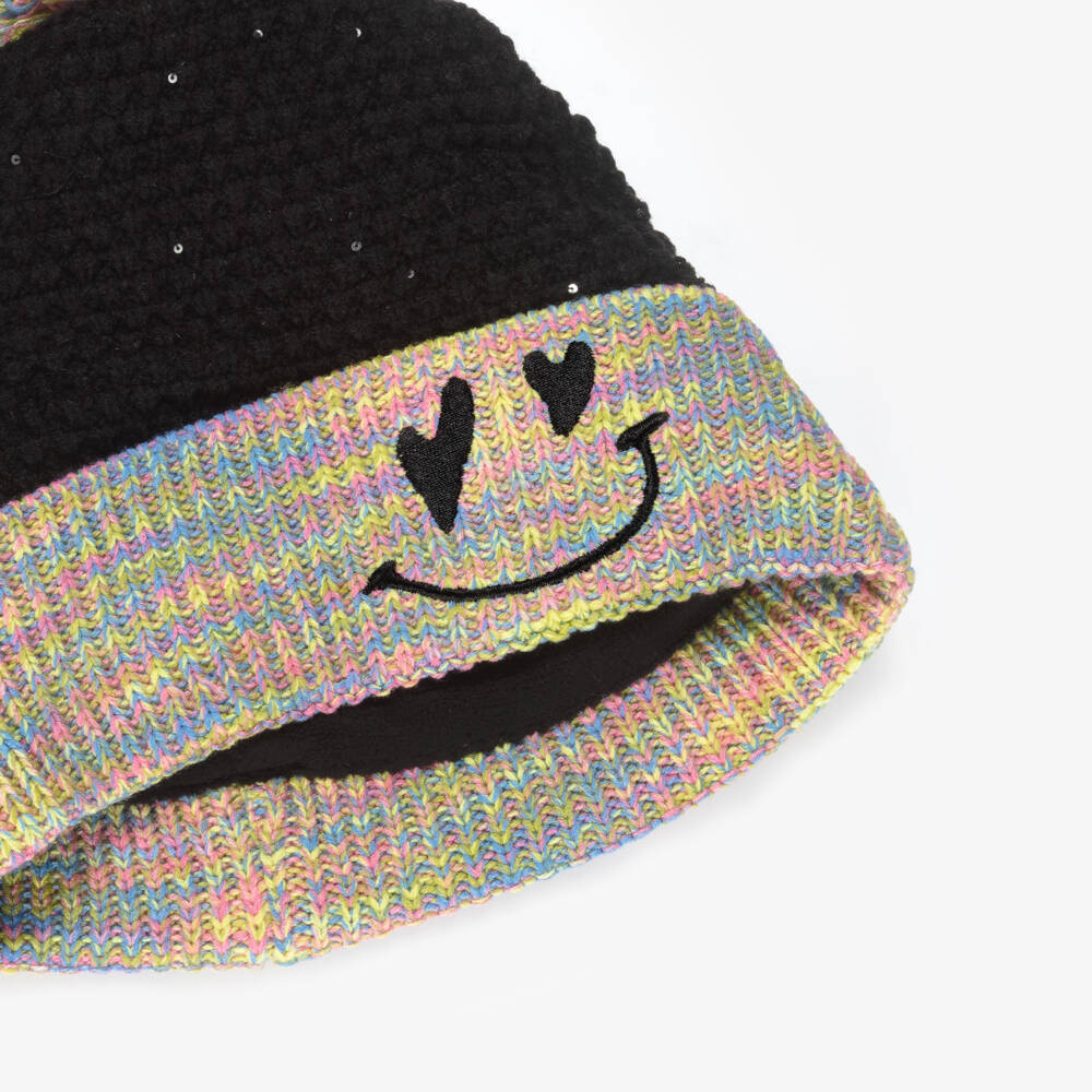 Deux par Deux-Girls Black Beanie Hat with Rainbow Pom-Pom | Childrensalon Outlet