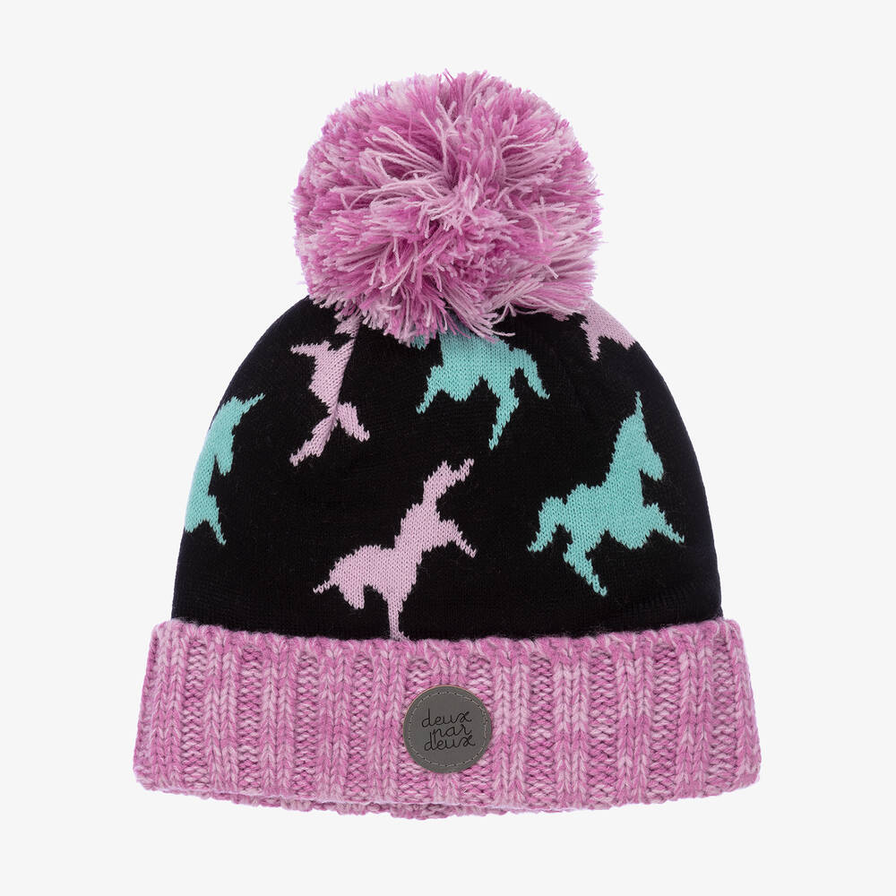 Deux par Deux - Girls Black Knit Pom-Pom Hat | Childrensalon