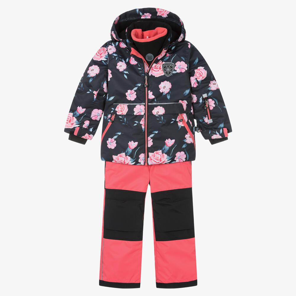 Deux par Deux - Girls Black & Pink Floral 2 Piece Snowsuit Set | Childrensalon