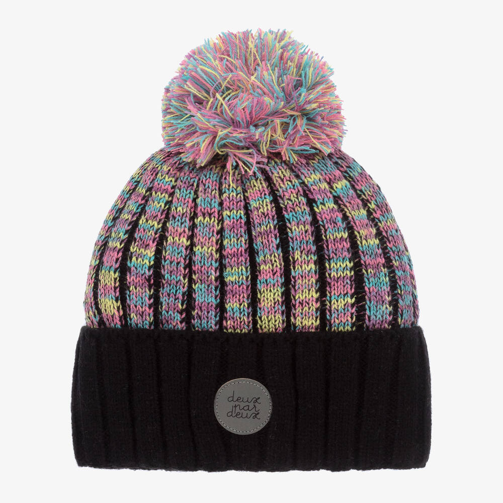 Deux par Deux - Bommel-Beanie in Schwarz und Rosa | Childrensalon