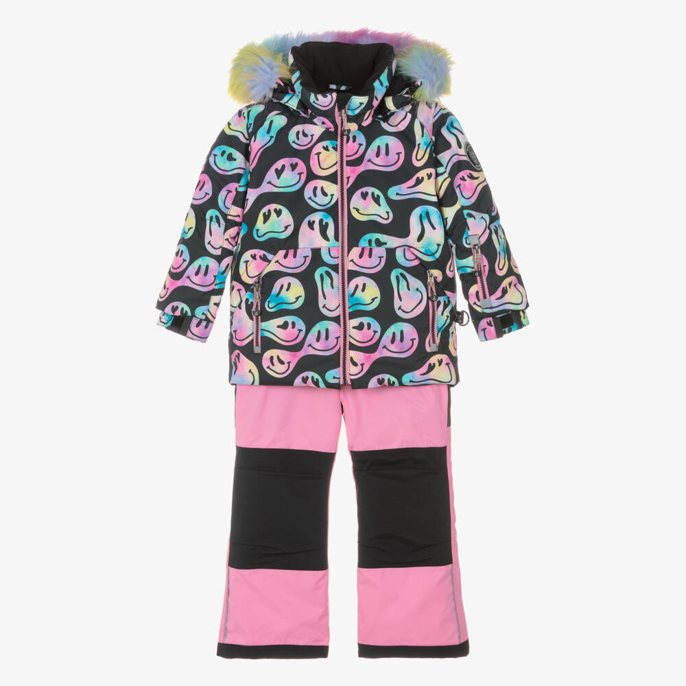 Deux par Deux-Girls Black & Pink Smiling Faces Snowsuit | Childrensalon Outlet