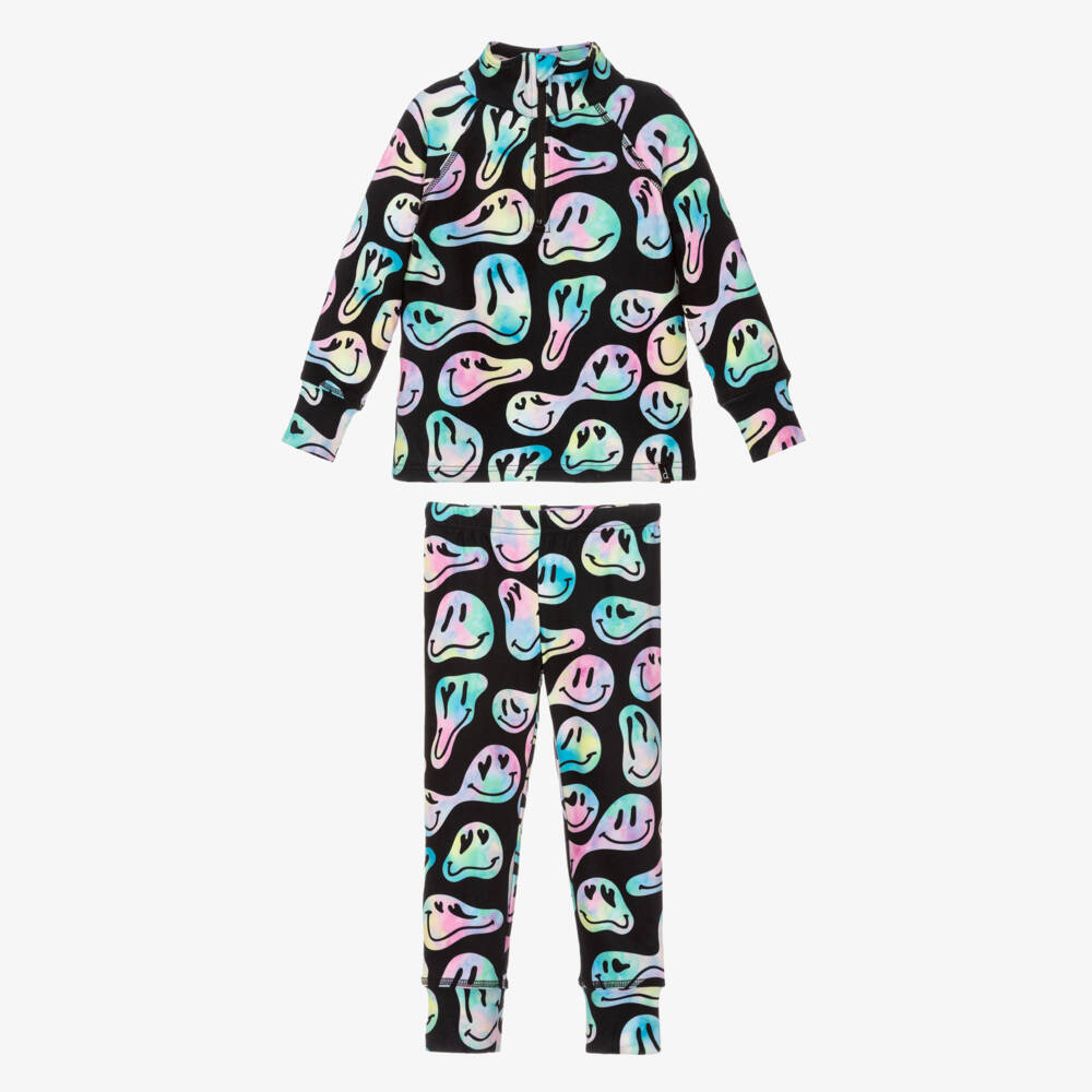 Deux par Deux-Girls Black Smiling Face Print Thermal Base Layer Set | Childrensalon Outlet