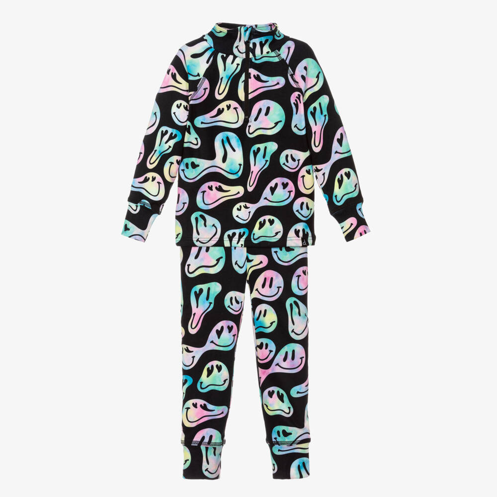 Deux par Deux-Girls Black Smiling Face Print Thermal Base Layer Set | Childrensalon Outlet
