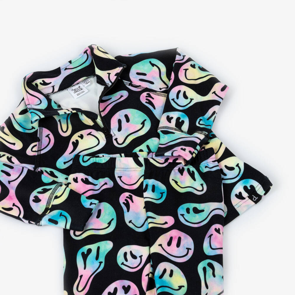 Deux par Deux-Girls Black Smiling Face Print Thermal Base Layer Set | Childrensalon Outlet