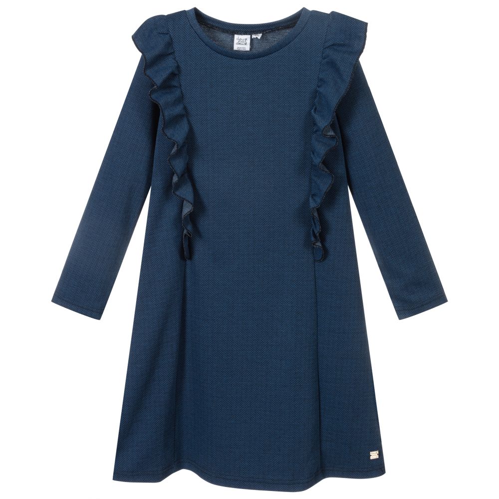 Deux par Deux - Girls Blue Herringbone Dress | Childrensalon