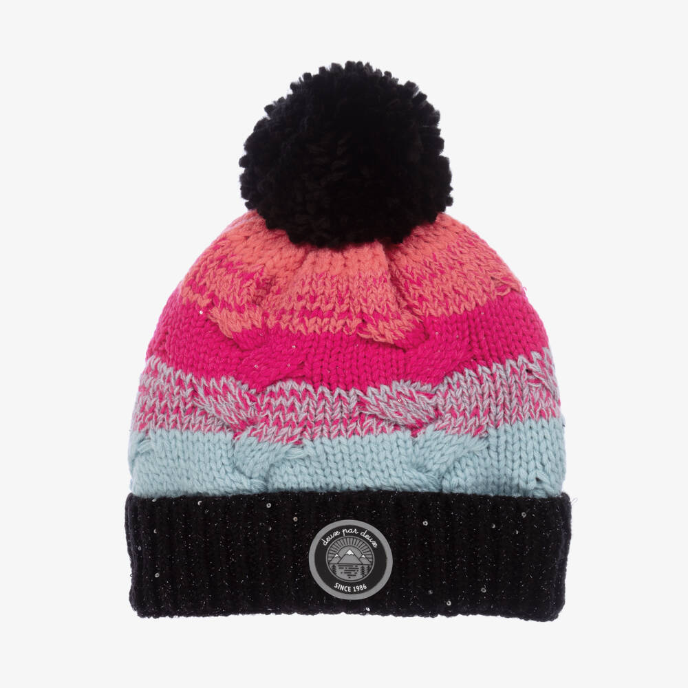 Deux par Deux-Girls Cozy Pink & Black Pom Hat | Childrensalon Outlet
