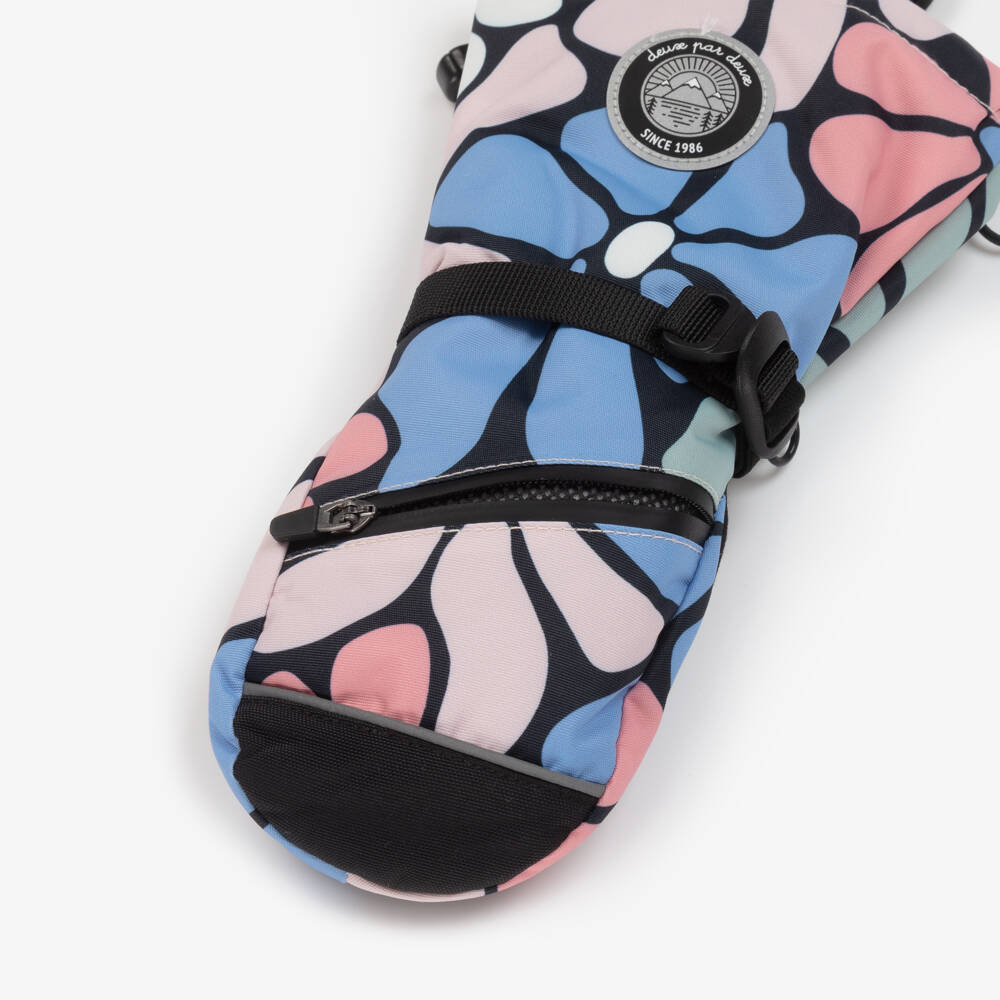  دو بار دو-قفازات تزلج بناتي مزينة بالورود باللونين الوردي والأزرق | Childrensalon Outlet