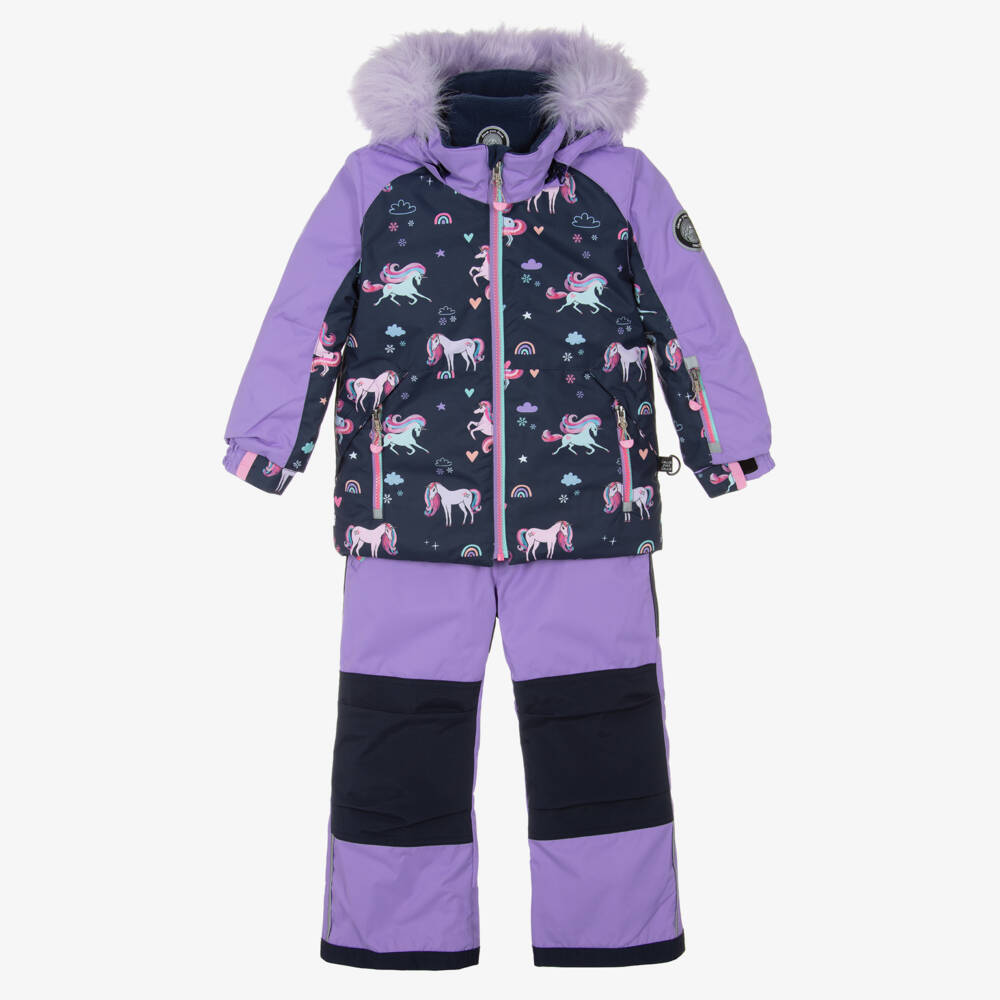 Deux par Deux-Girls Lilac Purple & Navy Blue Unicorn Print Snowsuit | Childrensalon Outlet