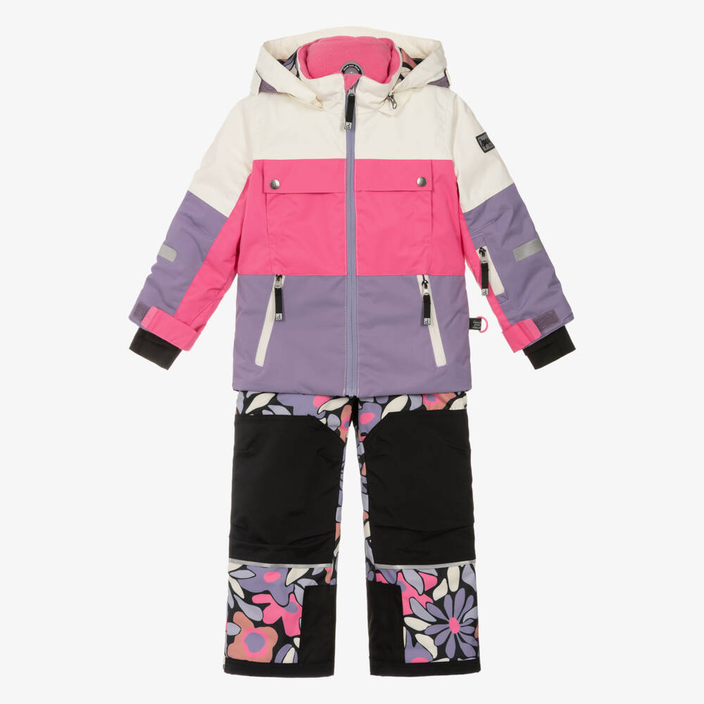Deux par Deux-Girls Pink & Purple Colour Block & Floral Snowsuit | Childrensalon Outlet