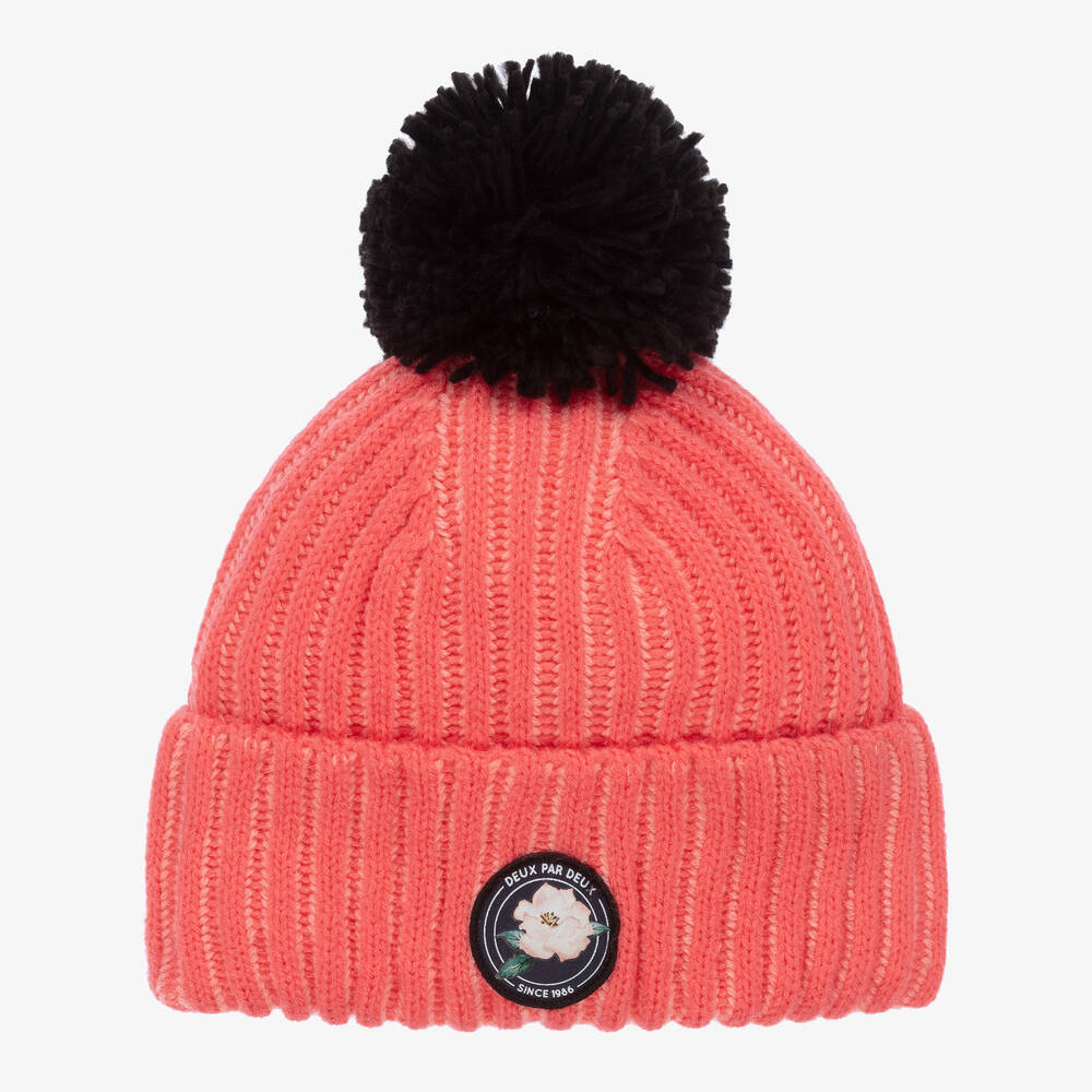 Deux par Deux - Girls Pink Ribbed Knit Bobble Hat | Childrensalon