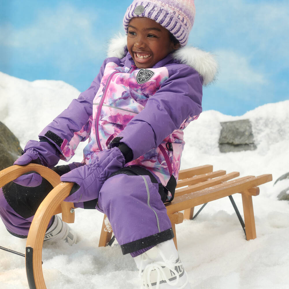 Two Piece Girls Snowsuit Purple With Watercolor Floral Print 12