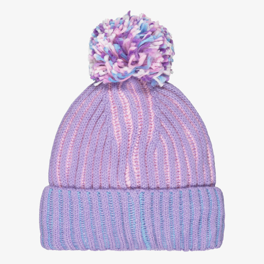 Deux par Deux-Girls Purple & Pink Rib Knit Pom-Pom Hat | Childrensalon Outlet