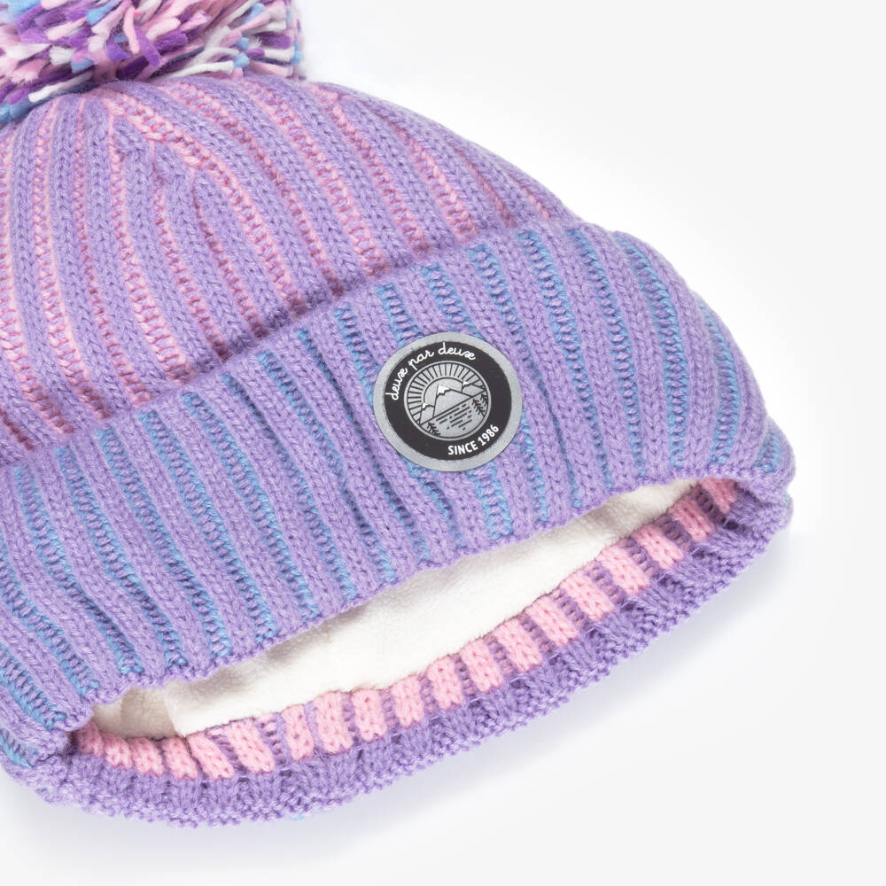Deux par Deux-Girls Purple & Pink Rib Knit Pom-Pom Hat | Childrensalon Outlet