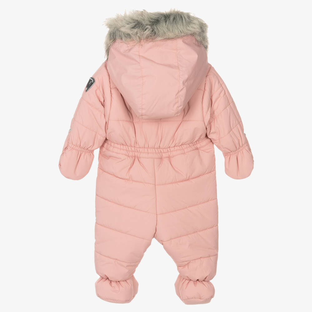 Pink baby snowsuit with fur hood store