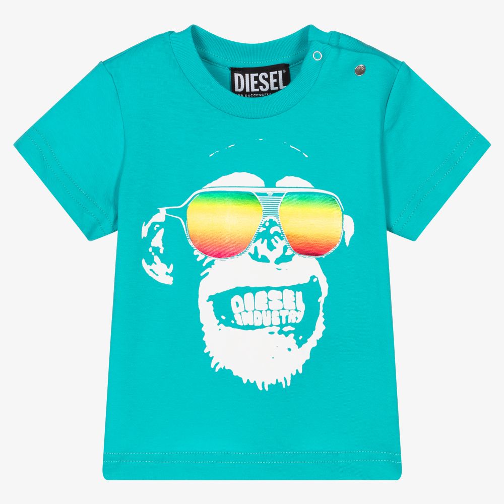 Diesel-تيشيرت أطفال ولادي قطن لون أزرق تركواز | Childrensalon Outlet
