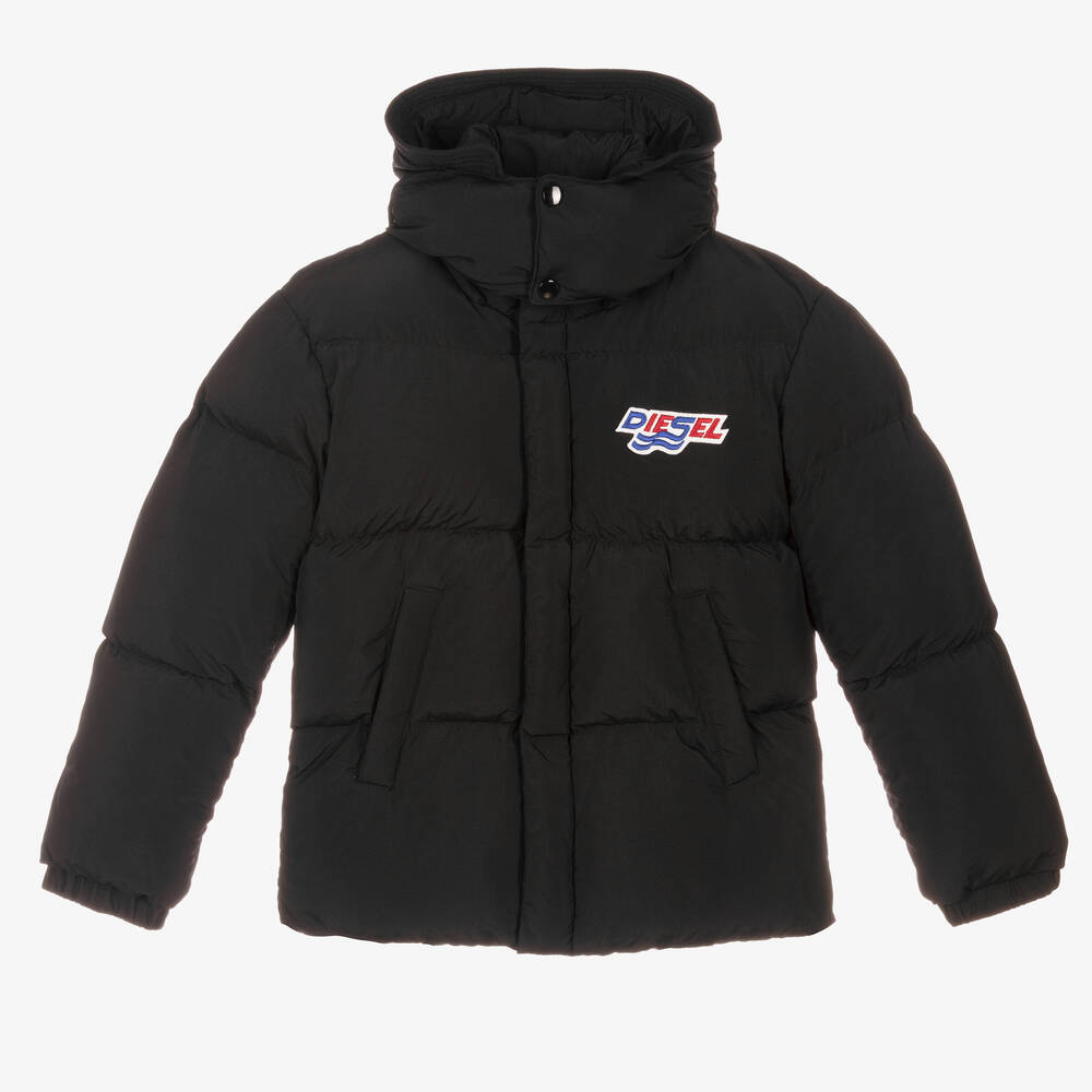 Diesel - Black Hooded Puffer Coat | Childrensalon