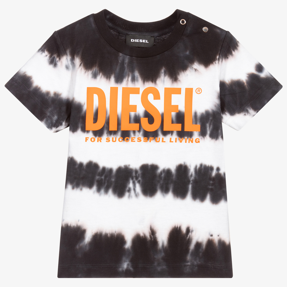 Diesel - تيشيرت قطن تاي داي لون أسود وعاجي للأطفال | Childrensalon