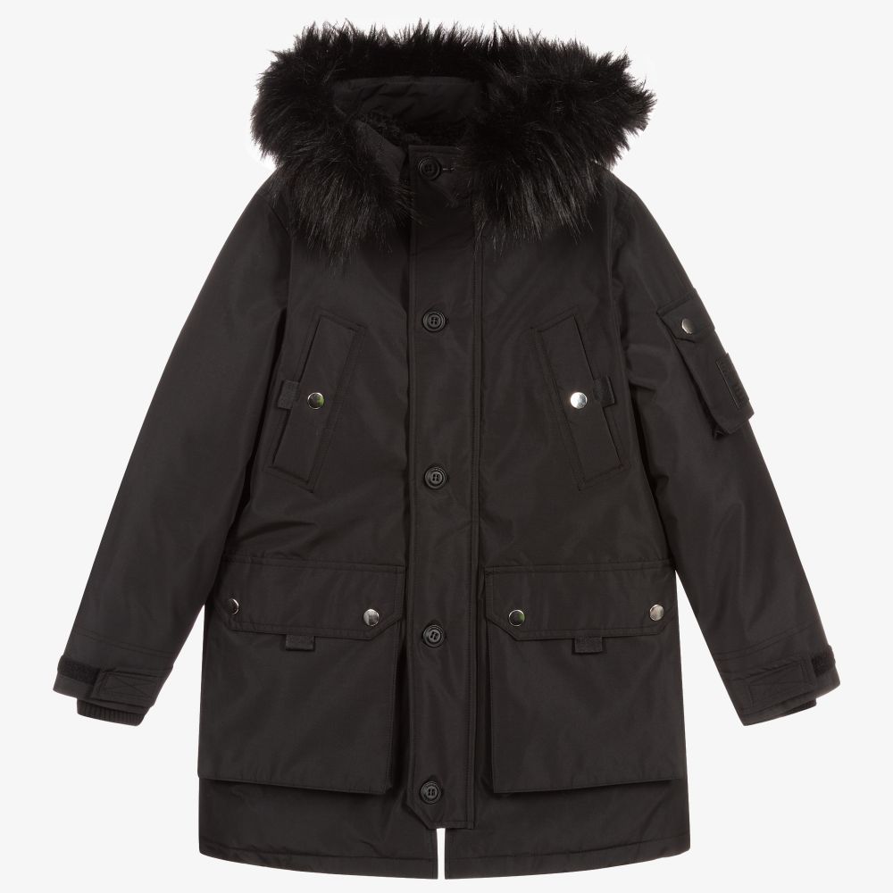 Diesel - Boys Black Hooded Parka Coat | Childrensalon