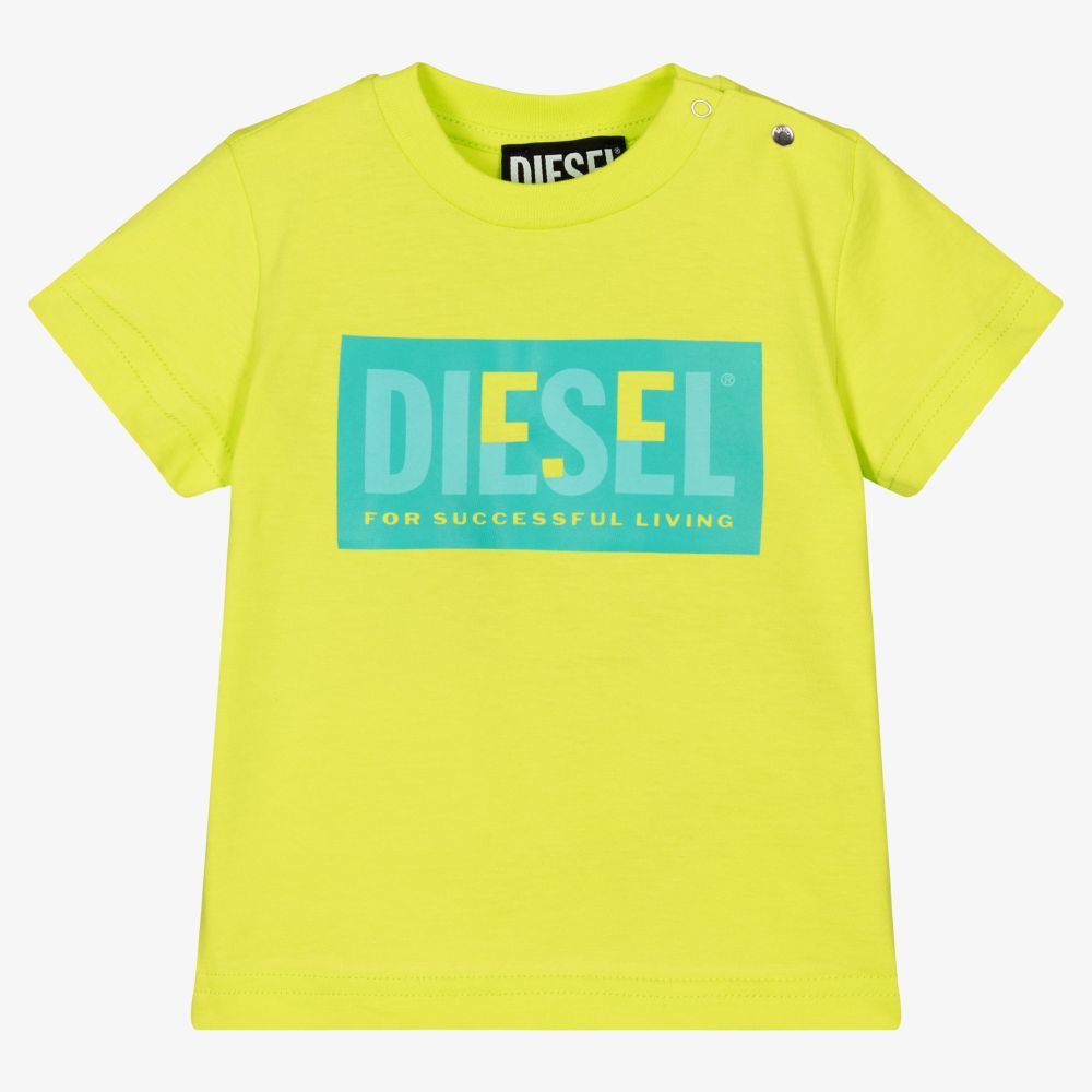 Diesel - تيشيرت أطفال ولادي قطن لون أخضر ليموني | Childrensalon