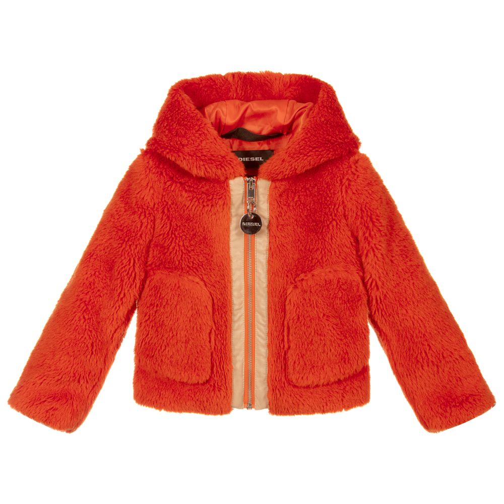 Diesel - Girls Orange Faux Fur Jacket | Childrensalon