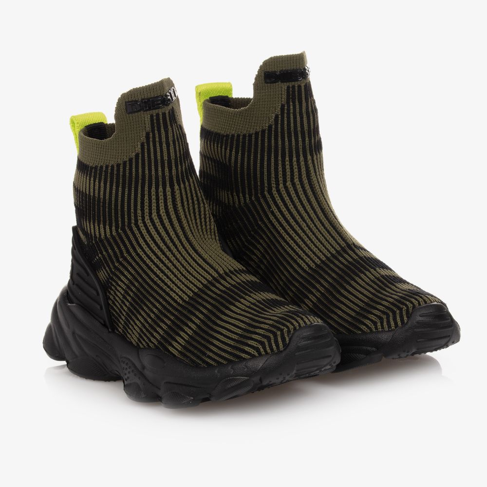 Diesel - Черно-зеленые кроссовки-носки | Childrensalon