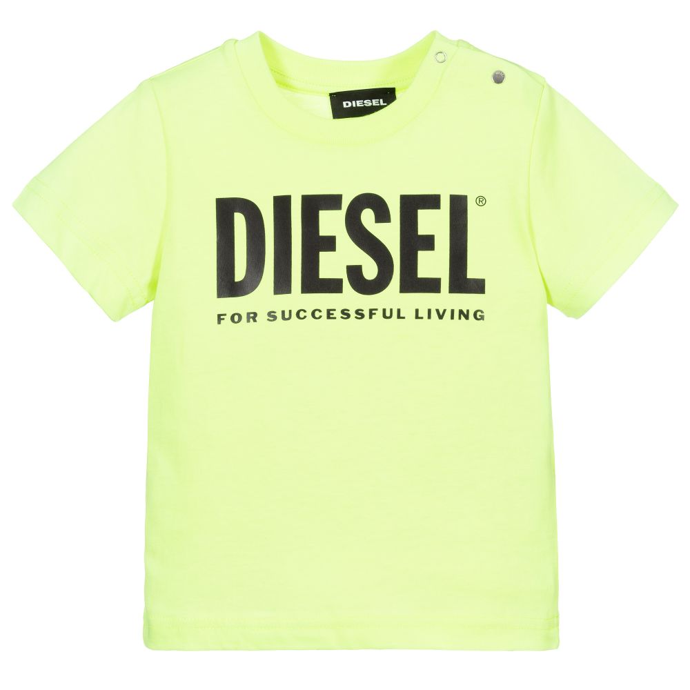 Diesel - تيشيرت أطفال ولادي قطن لون أخضر نيون وأسود | Childrensalon
