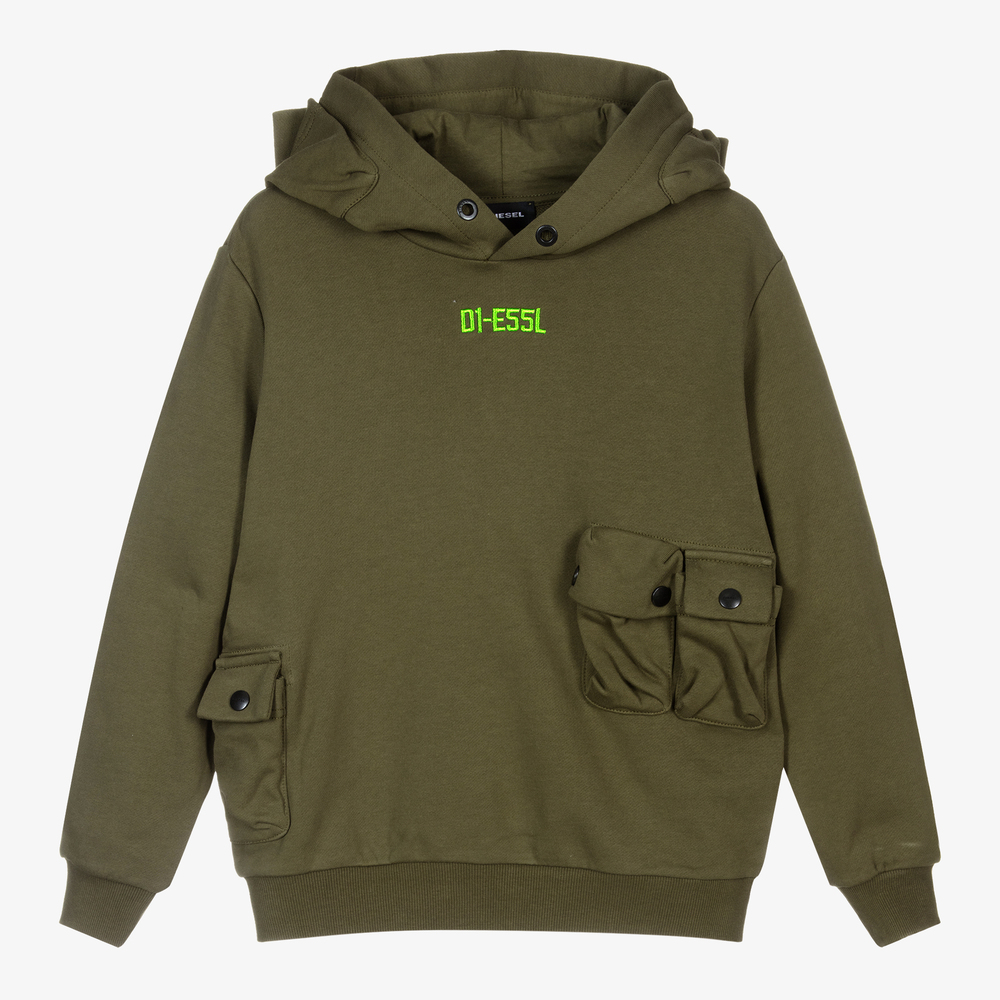 Diesel - Sweat à capuche vert en coton Ado garçon  | Childrensalon