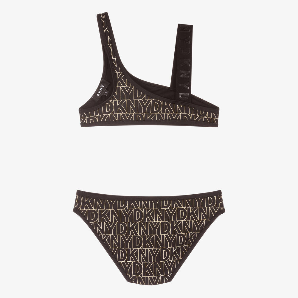 DKNY-Black & Gold Logo Print Bikini | Childrensalon Outlet